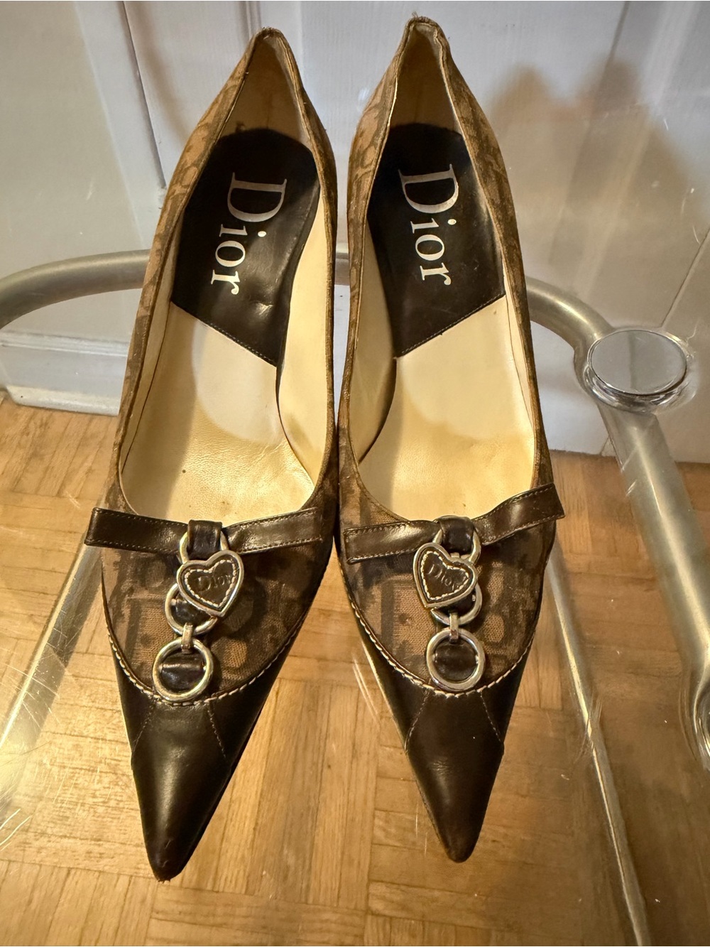 Dior Brown Monogram Pointed-Toe Heels with Gold Heart Charms